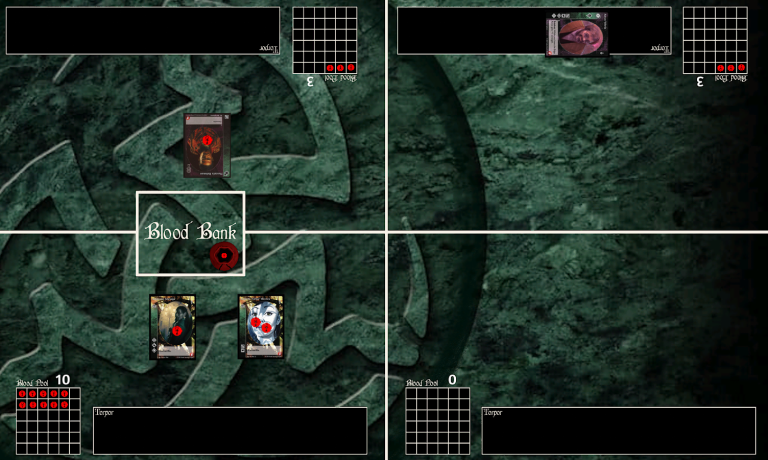Estado de la mesa en el ejemplo del puzzle: dos vampiros Lasombra atacando con bleed a su presa, que tiene a Mustafa Rahman enderezado.